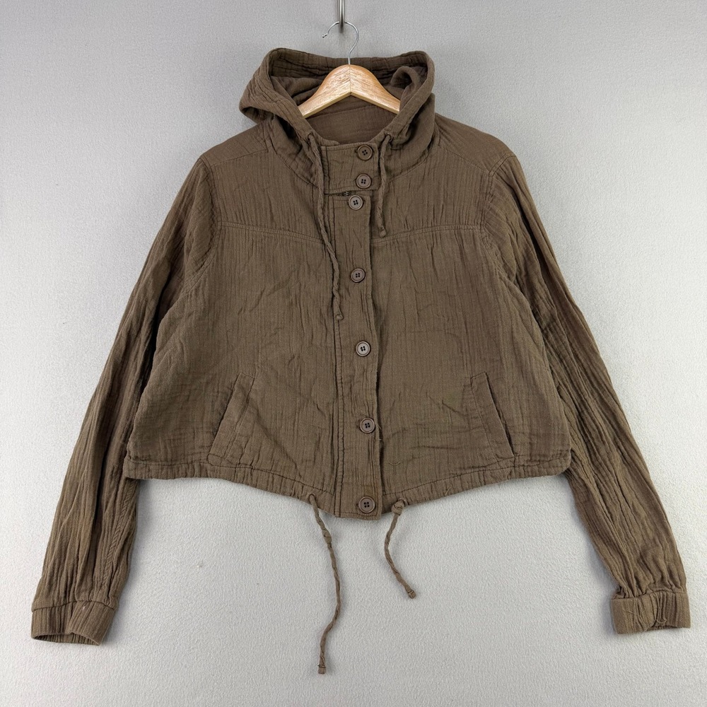 Double Gauze Hooded Jacket Women L Brown Casual Cropped Button Zip Beach
